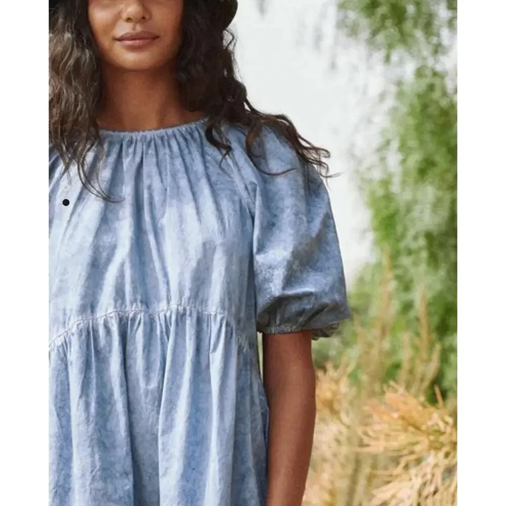 The Great. The Park Blue Puff Sleeve Tiered Maxi Dress - Picture 2 of 8